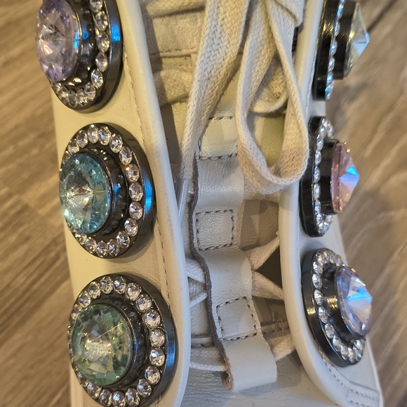 Kurt Geiger Beige Rhinestone Bling Sneakers - Picture 2 of 9